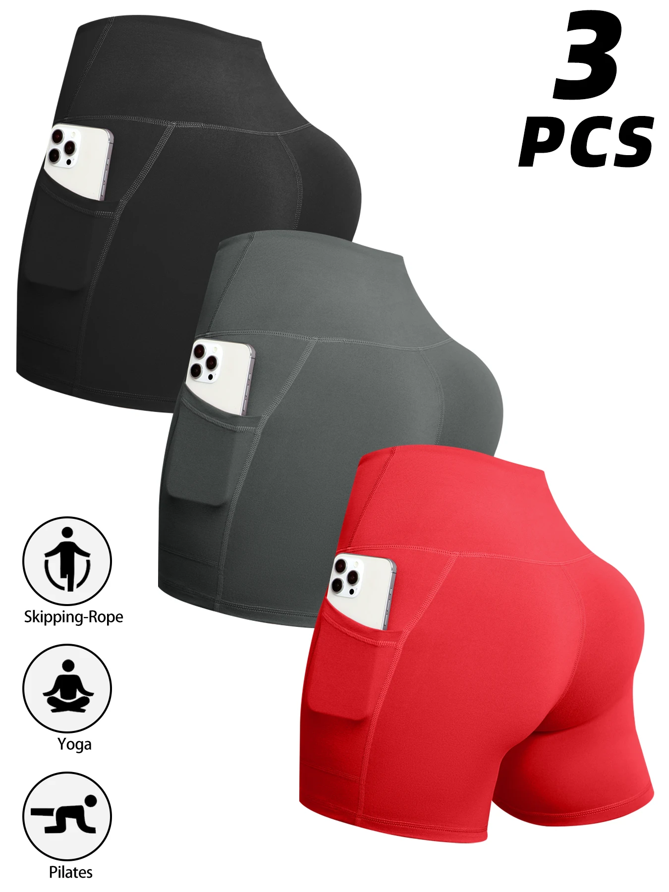 1/3pcs Women Fitness Sexy Short With Pocketed Yoga Legging Shorts Hip LiftTight Sports Shorts Quick Drying Cycling Workout Gym