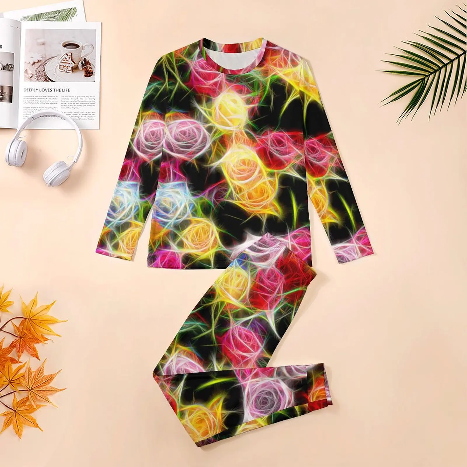 Pijamas de flores abstratas rosa de sentimento masculino mangas compridas conjuntos de pijama kawaii 2 peças quarto design diário casa terno presente