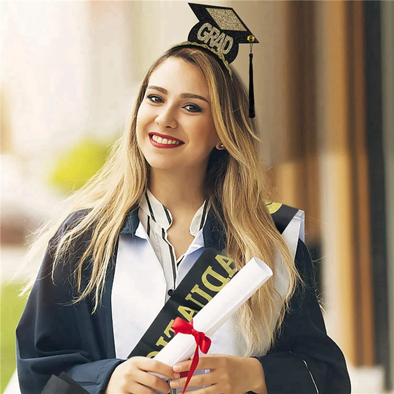 

B04B-2Set Grad Cap Headband Graduated Satin Sash 2024 Graduation Party Decoration Supplies Photo Props Mini Bachelor Hat