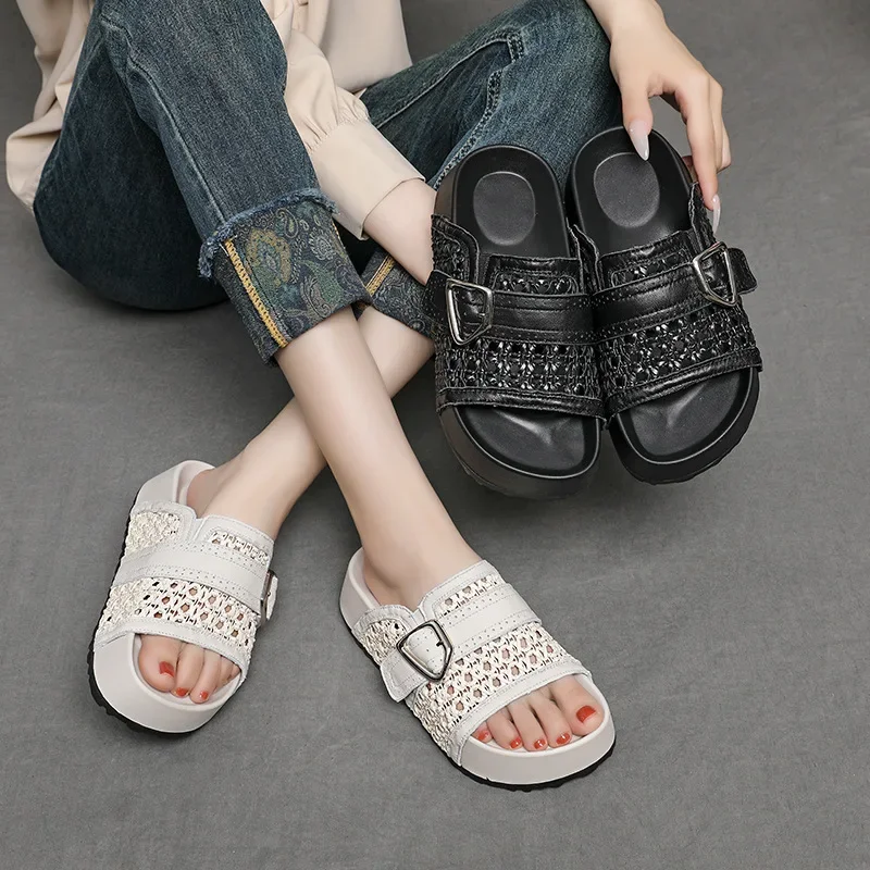 2026 5CM Weave Sheepskin Leather Shoes Hollow Mary Jane Loafer Slippers Platform Wedge Flats Peep Toe Women Breathable Sandals
