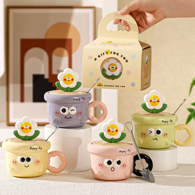 

Cute Flower Ceramic Mug, Creative Flower Pot Funny Expression High Value Birthday Gift Cute Water Cup with Lid Drinkware