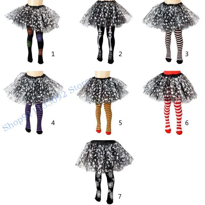 H9ed Kids Girls Halloween full full calze calze cartone animato Spiderweb Skeleton Striped collant costume da festa