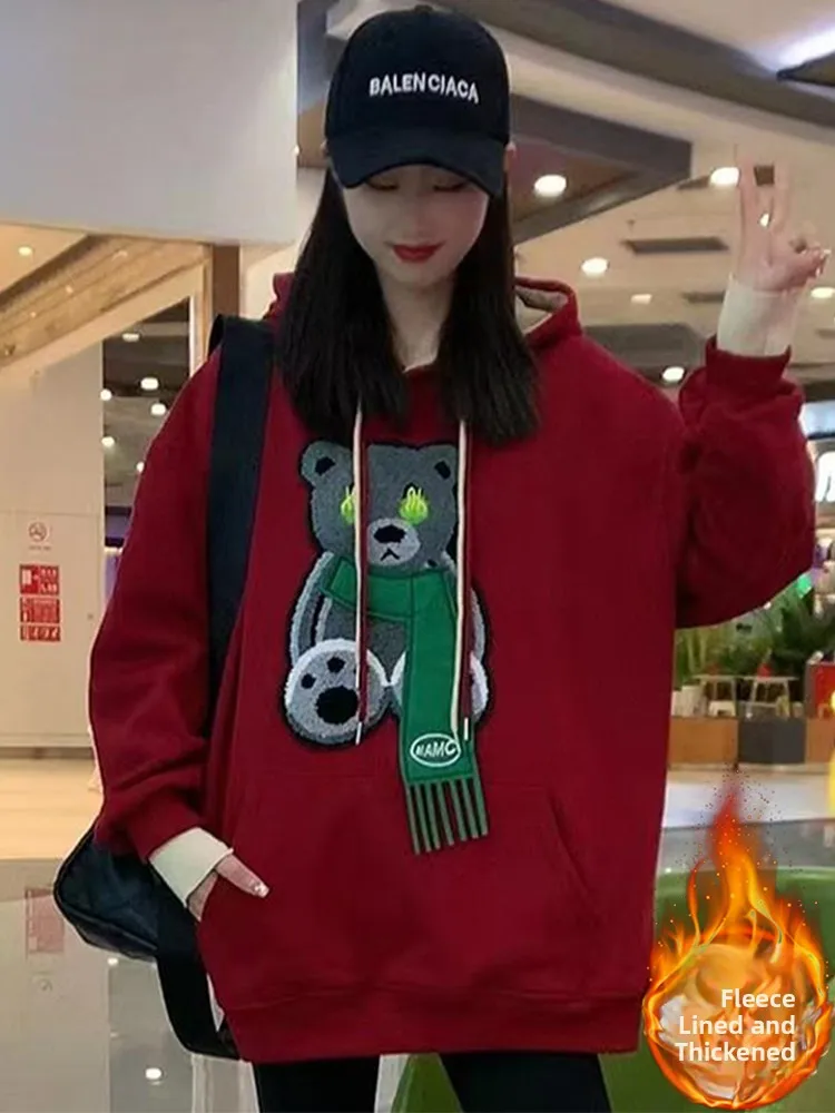 여성용 기모 안감 만화 후드티 캐주얼 다용도 아우터 봄 가을 겨울 루즈핏 롱슬리브 스웨트셔츠