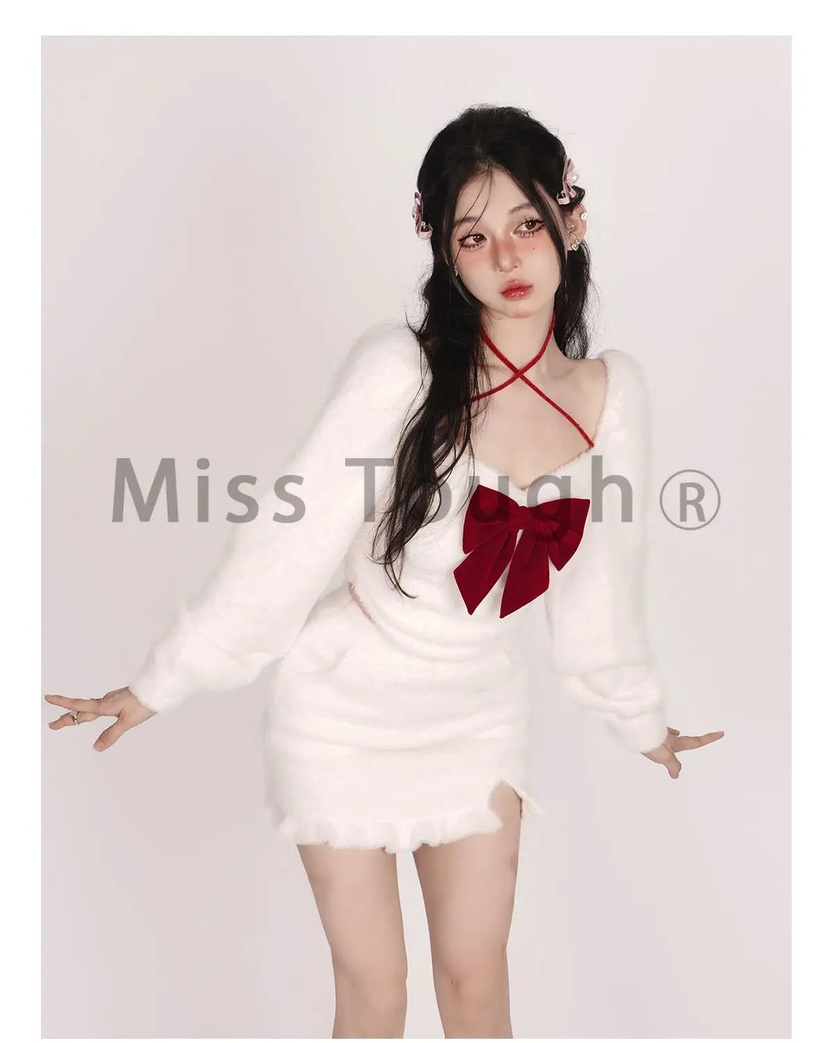 Winter Bow Kawaii Y2k Two Piece Set Women Casual Sweet Coat+mini Skirt Suit Female Korean Fashion Designer Warm Cute Set 2023