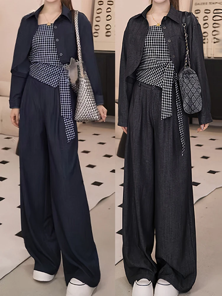 

Модный комплект из клетчатой футболки и брюк с широкими штанинами для женщин, универсальный осенний вариант, костюм с высокой талией, повседневная одежда