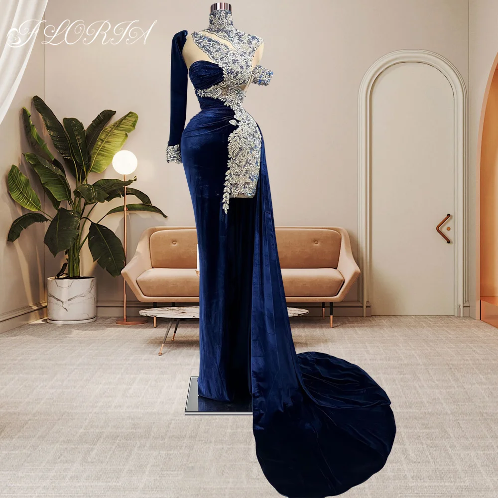 Vintage Design Navy Blue Velvet Lace Evening Dresses Arabic Beaded High Neck One Shoulder Long Formal Party Gowns Robe de Soiree