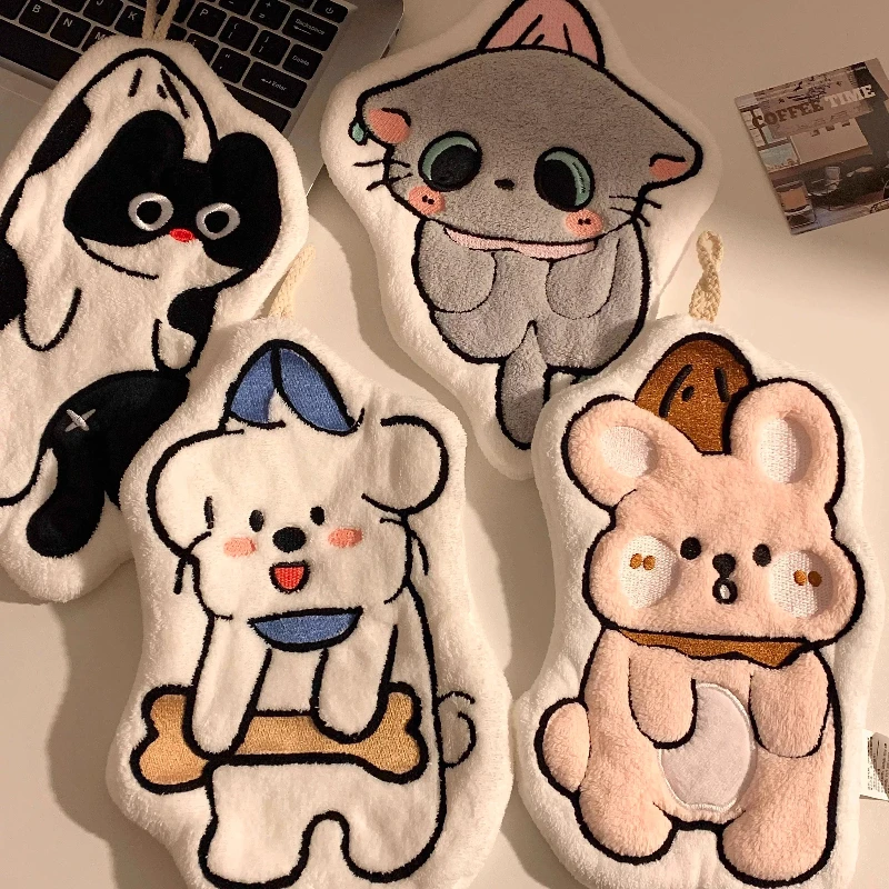 1PC Cute Cartoon Puppy Hanging Hand Towel Super Absorbent Thickened Towel Bathroom Kitchen Supplies Household Goods