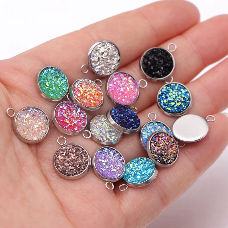 40pcs/lot Sparking Glitter Faux Cabochon Charms Stainless Steel DIY Pendant For Jewelry  Making Wholesale