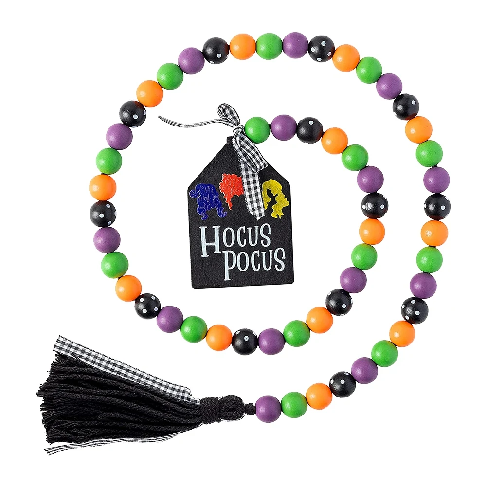 41.3 Inches Halloween Wood Bead Garland with Tassel Tag Farmhouse Wood Beads Natural Fall String Hanging Decor