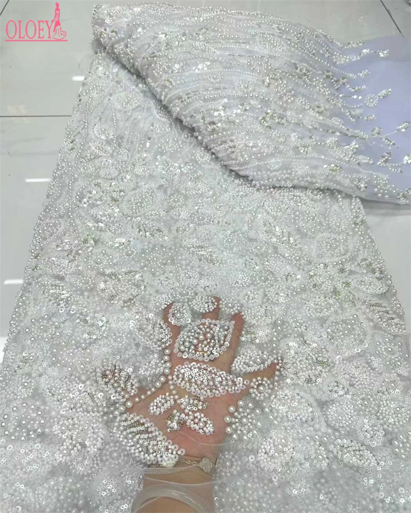 

OLOEY French Beaded Lace Bride Fabric 5 Yards High Quality African Sequin Lace Fabric Nigeria Mesh Wedding Dress for Wome