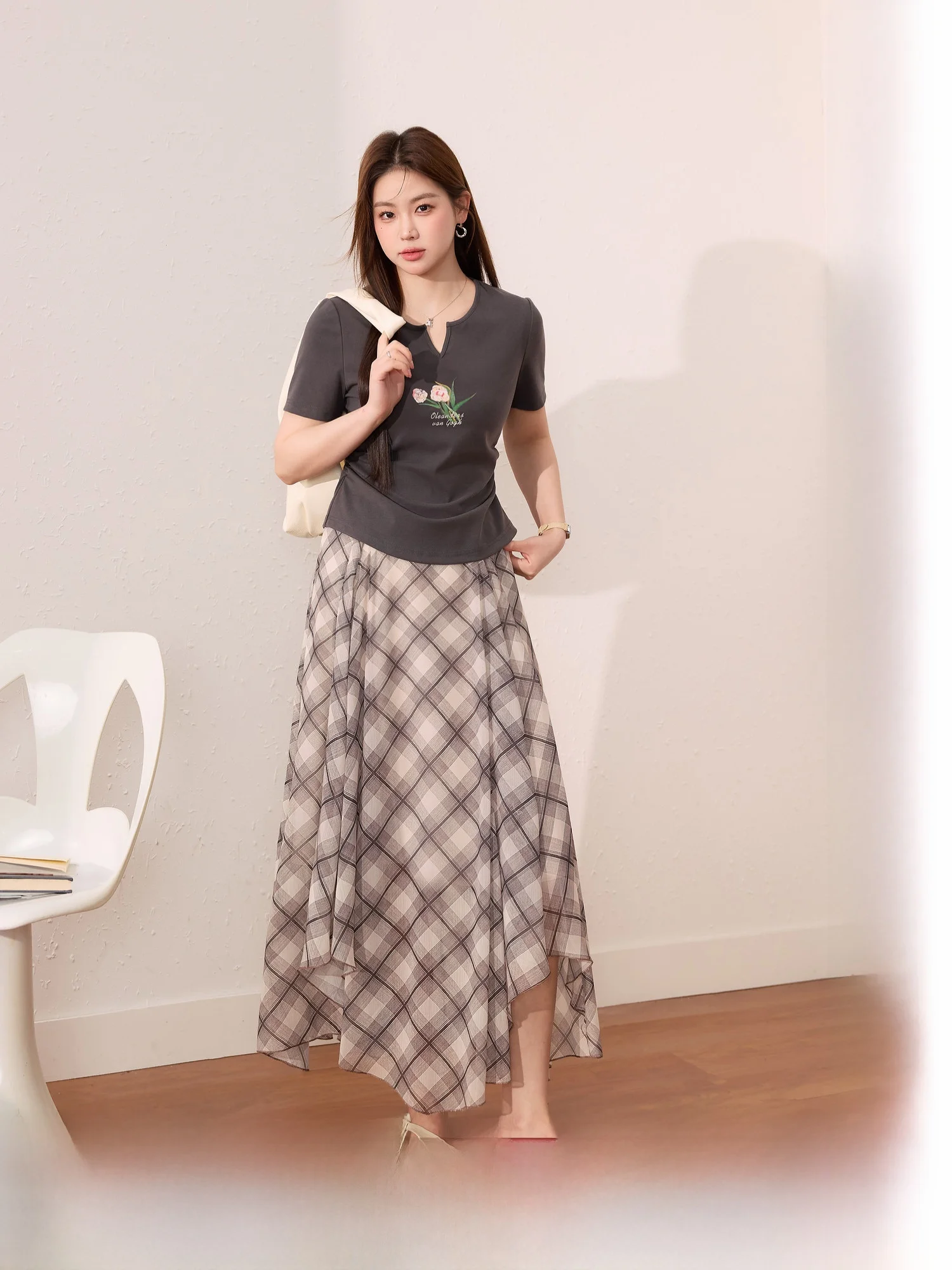 

Blue Language Large Size Women's Faion Summer Outfit ort Sve T-irt Plaid Skirt Two-Piece Set High Waist A-Line ...