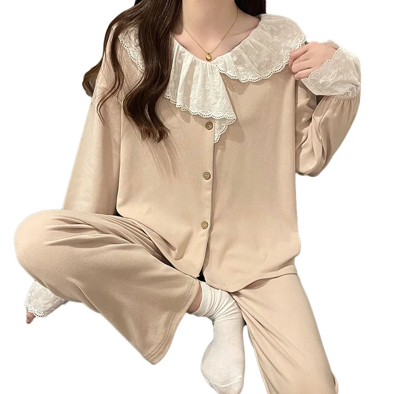 INS Women\'s Spring Autumn Pajamas Lace Doll Collar Sleepwear Set Sweet Cute Home Clothing New Pijama Feminino Nightwear Suit