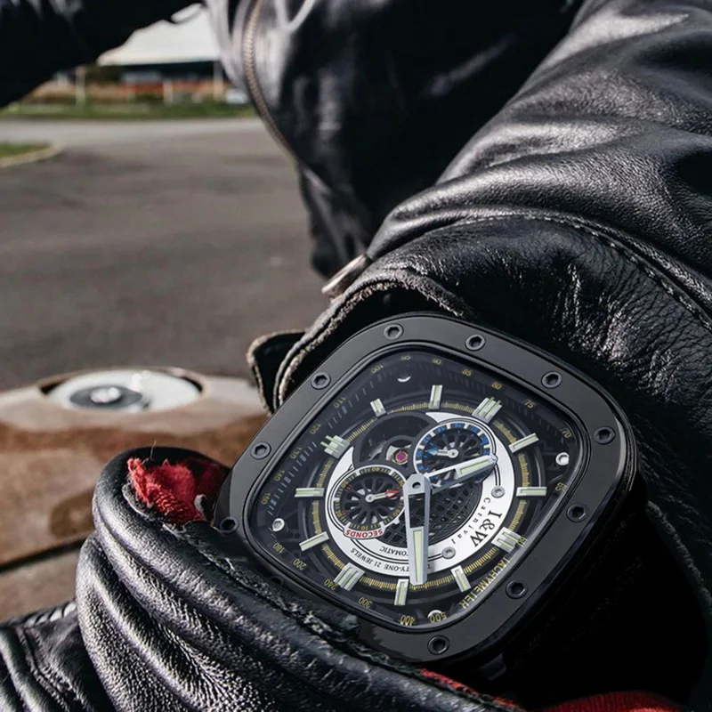 I&W ผู้ชายนาฬิกาอัตโนมัติสแควร์หรูหรานาฬิกานาฬิกาข้อมือแฟชั่น Sapphire Luminous Skeleton 50M กันน้ํา Punk