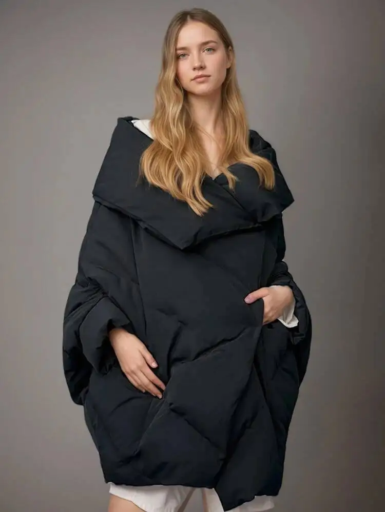 Fashion Gray Cotton-padded Coat Women's Lapel Big Size Batwing Sleeve Cold-Proof Thick Qulited Jacket Winte 1N6W