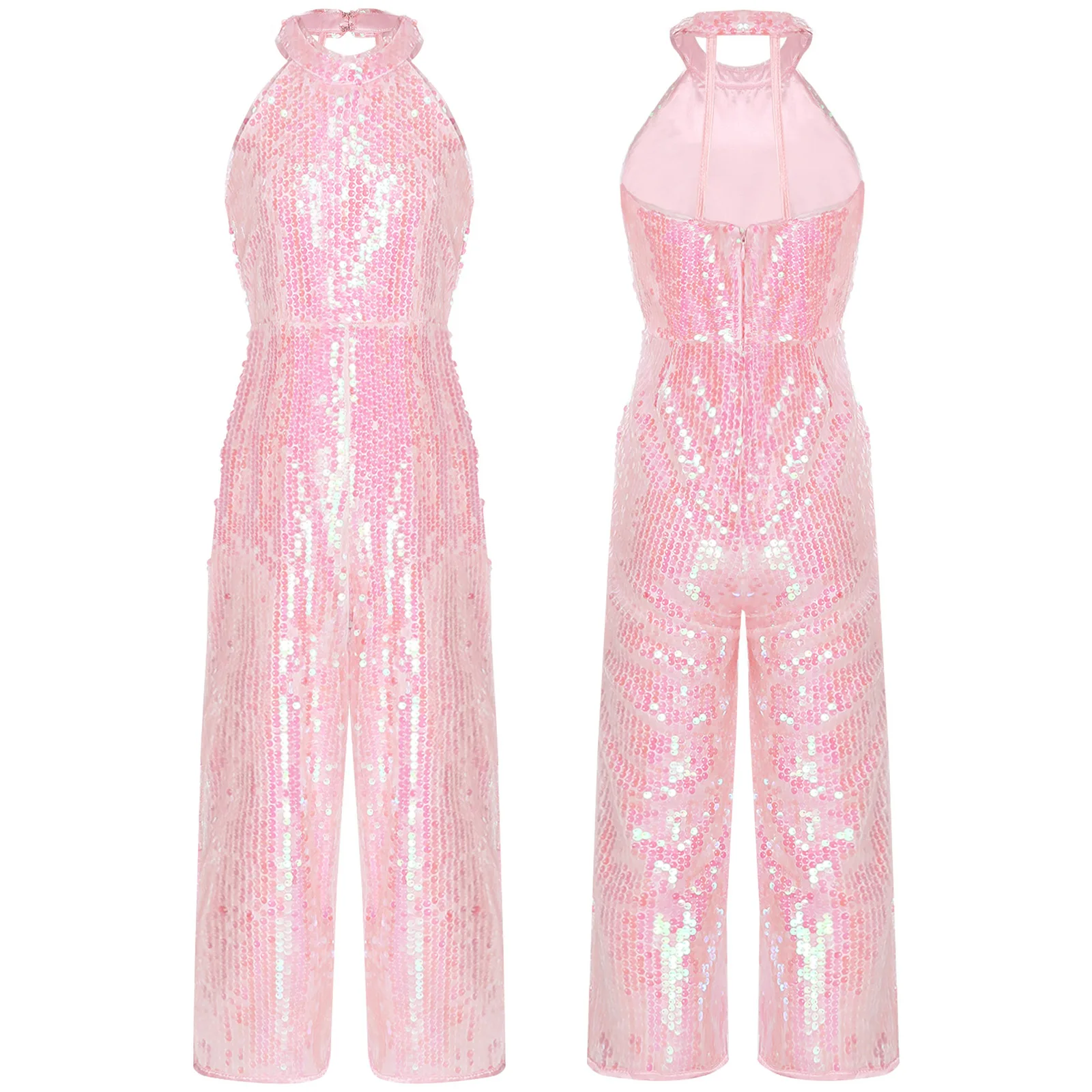 

Kids Girls Sequins Rompers Jumpsuit Halter Sleeveless Wide Leg Pants Birthday Wedding Party Gowns Jazz Latin Dancing Costume