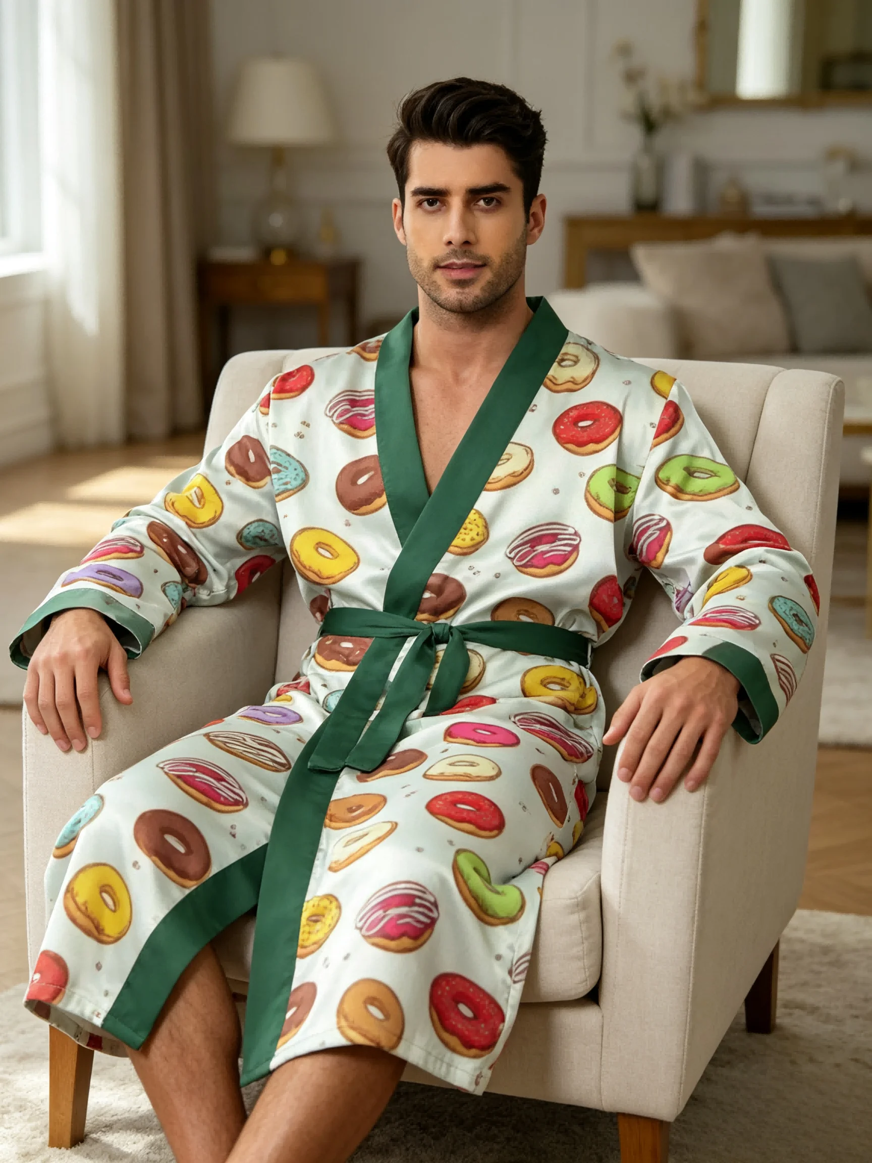 Men's lightweight quick-drying pajama bathrobe - 3D digital printing, non-fading design, stand-up collar and adjustable waistban