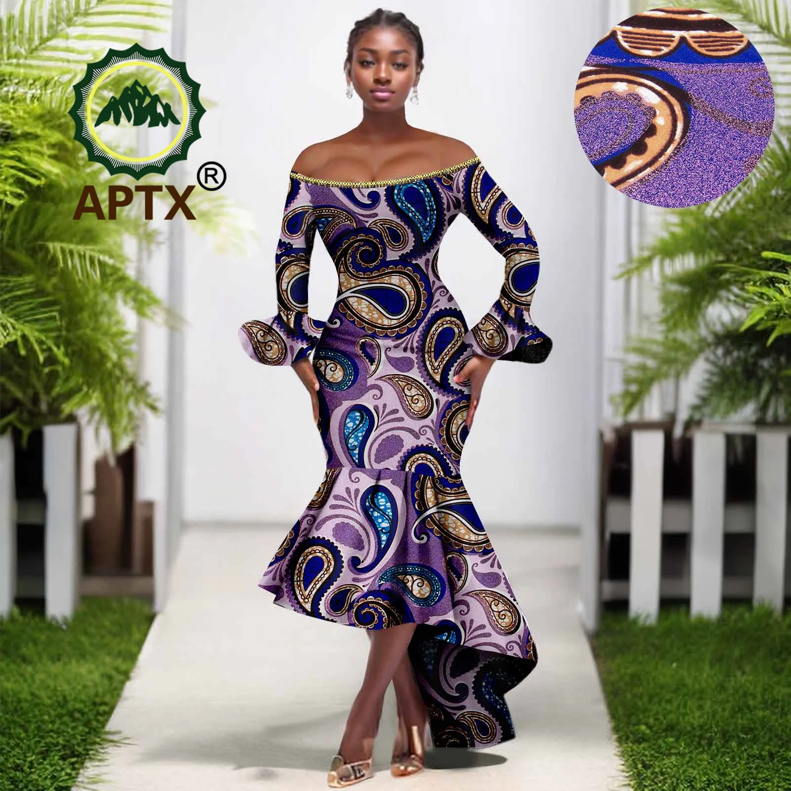 

African Clothes for Women Ankara Print Long Sleeve One Shoulder Elegant Dresses High Waist Dashiki Party Wedding Attire