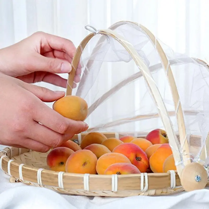 KX4B Handmade Tre Đan Giỏ Rau Quả Có Lưới Chống Muỗi Vòng Chống Bụi Len Dã Ngoại Khay Đựng Thực Phẩm Bánh Mì Với