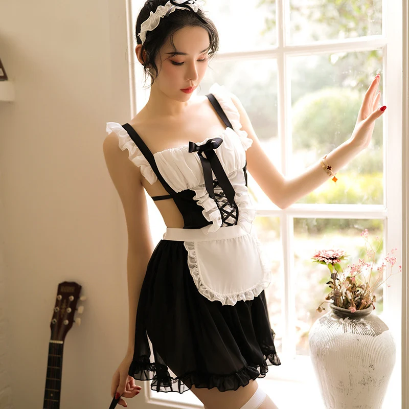 

Women French Maid Sexy Apron Dress Transparent Couple Kitchen Home Kawaii Role Play Pinafore Bar Nightclub Waiter Bib Costume