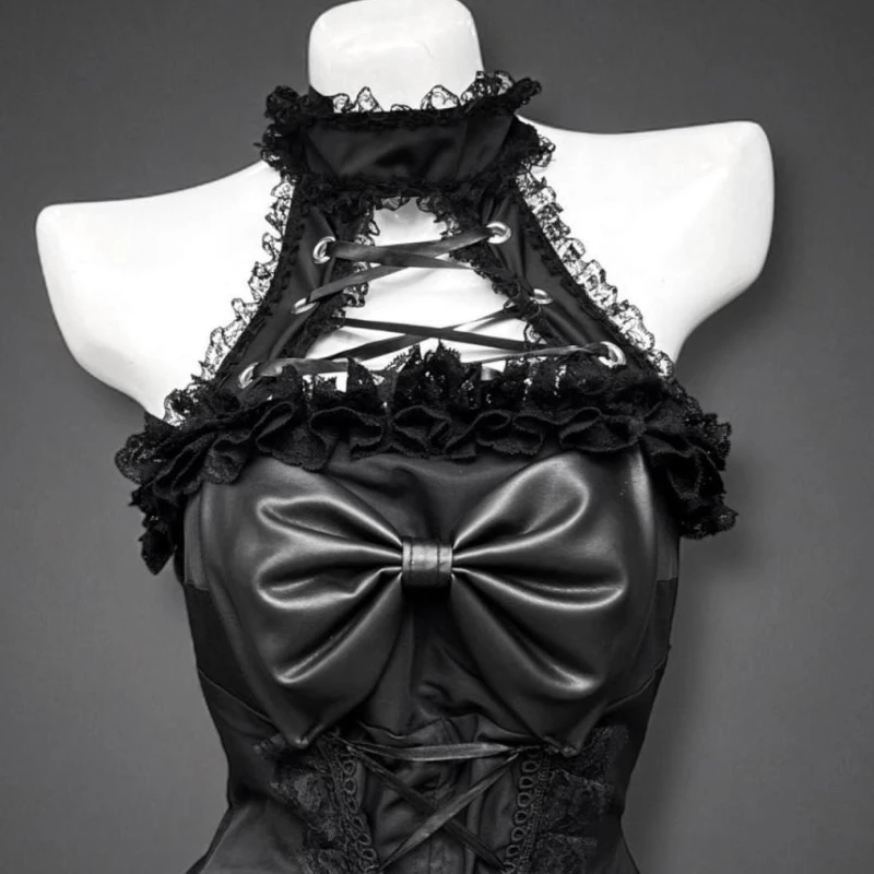 Japan Gothic Style Lolita Skirt Set Women Punk Black Short Cardigan Bow Lace Slash Darkly Dress Suit Female Y2k Slim 2 Piece Set