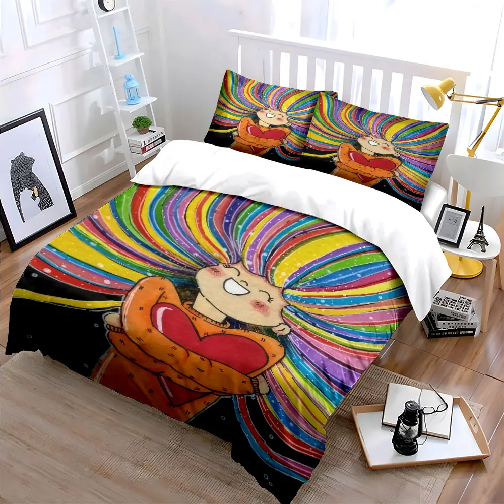 Rainbow Streak Hair Girl Hold Red Heart Duvet Cover Set,Black Background Kawaii Art Bedding Includes Duvet Cover 2 Pillowcase