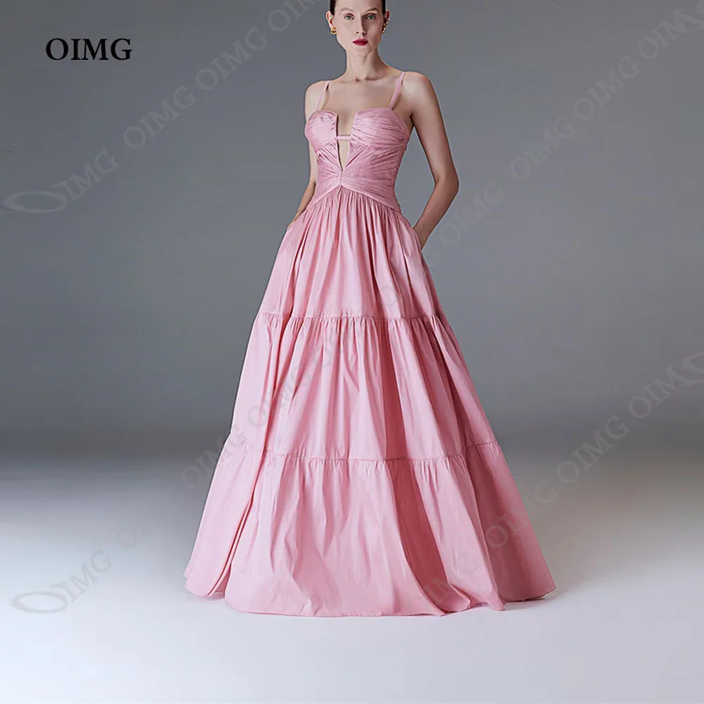 

OIMG Sparkly Pink Satin Long Evening Dresses A Line Sleeveless Spagehtti Straps Dubai Women Prom Gowns Formal Party Dress