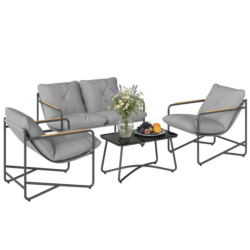 Salon de Jardin 4 Pièces avec Canapé 2 Places, 2 Fauteuils et Table Basse en Verre Trempé, Coussins 13cm Gris Clair