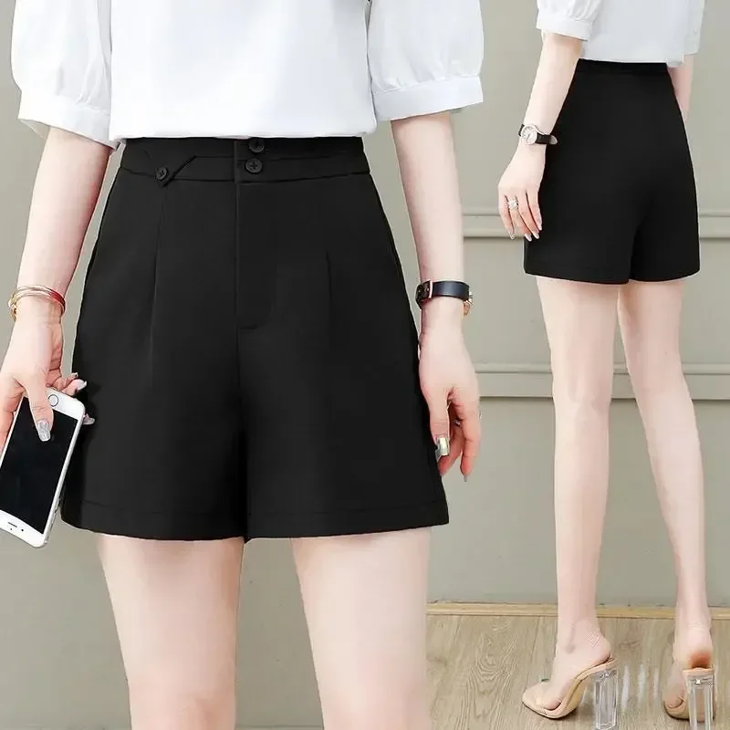 Dragon Fruit Color High-waist Casual Suit Shorts For Women Summer New Versatile Thin Style Outer Wear A-line Wide-leg Hot Pants