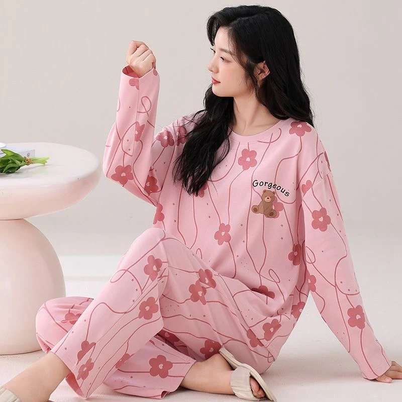 2024 가을 긴 소매 100% 코튼 프린트 잠옷 여성용 세트 한국어 귀여운 잠옷 잠옷 Homewear Pijama Mujer Home Clothes