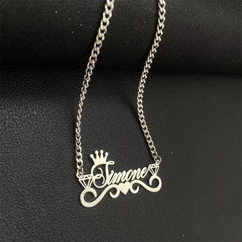 Name Crown Custom Stainless Steel Necklace For Women Girl Personalized Bead Choker Pendant Jewelry Christmas Gifts