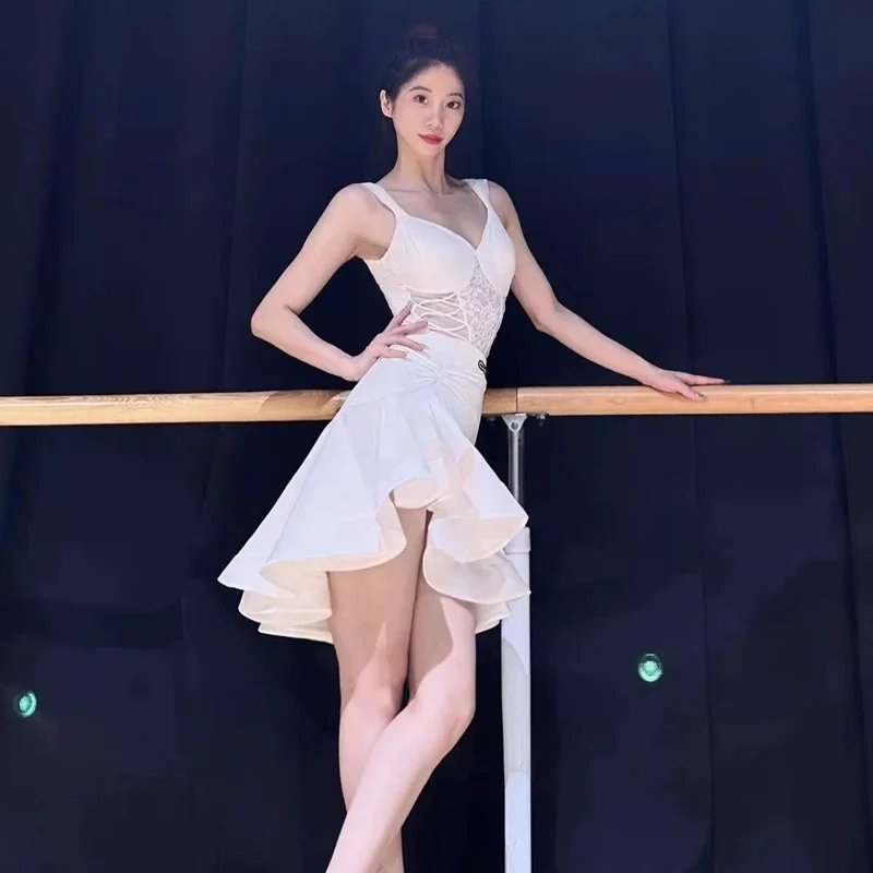 Women Latin Dance Dress Outfits Lace Bra Jumpsuits Tops Ruffled Skirt Adult Female Dance Competition Stage Performance Costumes view 4