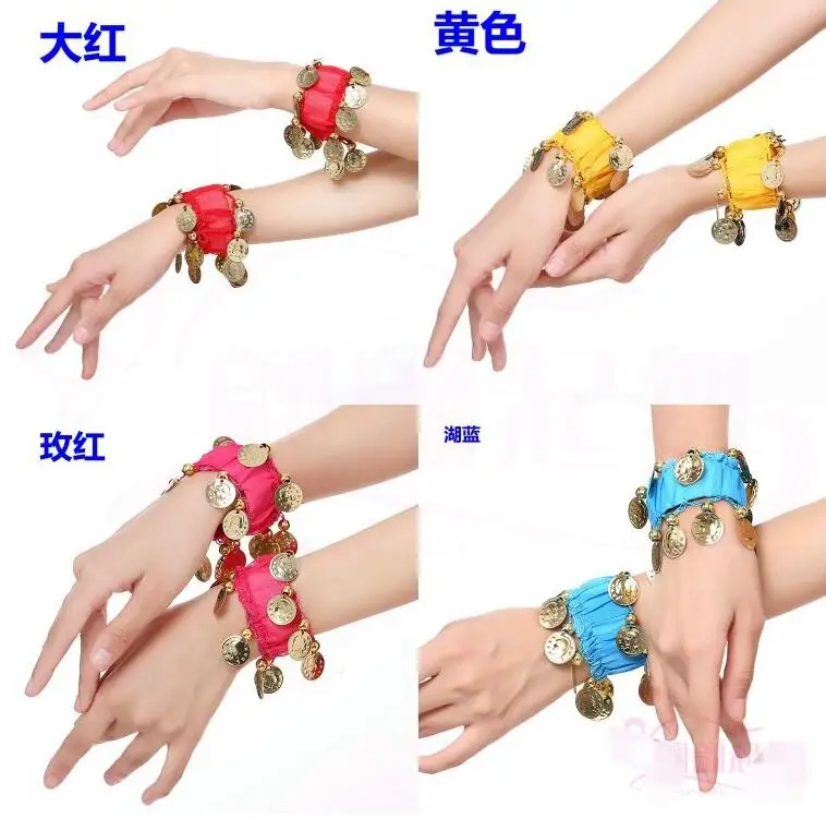 1 Pair Belly Dance Wrist Ankle Cuffs Bracelets Chiffon Gold Coin Belly Dance Costume Accessory Valentine's Day Gift Jewelry Girl