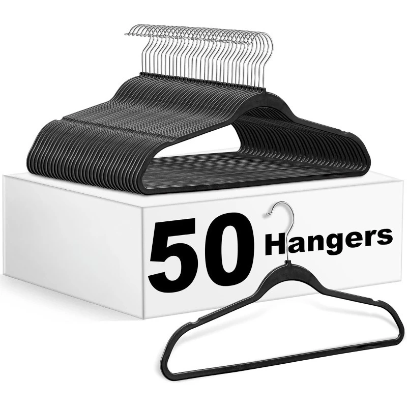 

50 Pack Slim Plastic Hangers for Clothes - Heavy Duty Non-Velvet Black Hangers with 360° Swivel Chrome Hook & Non Slip