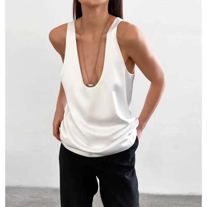 Fashion Women's Commuter Tank Top Solid Color Satin Sleeveeless Casual Top Sexy Summer Female U Neck Sexy Vest Top Streetwear
