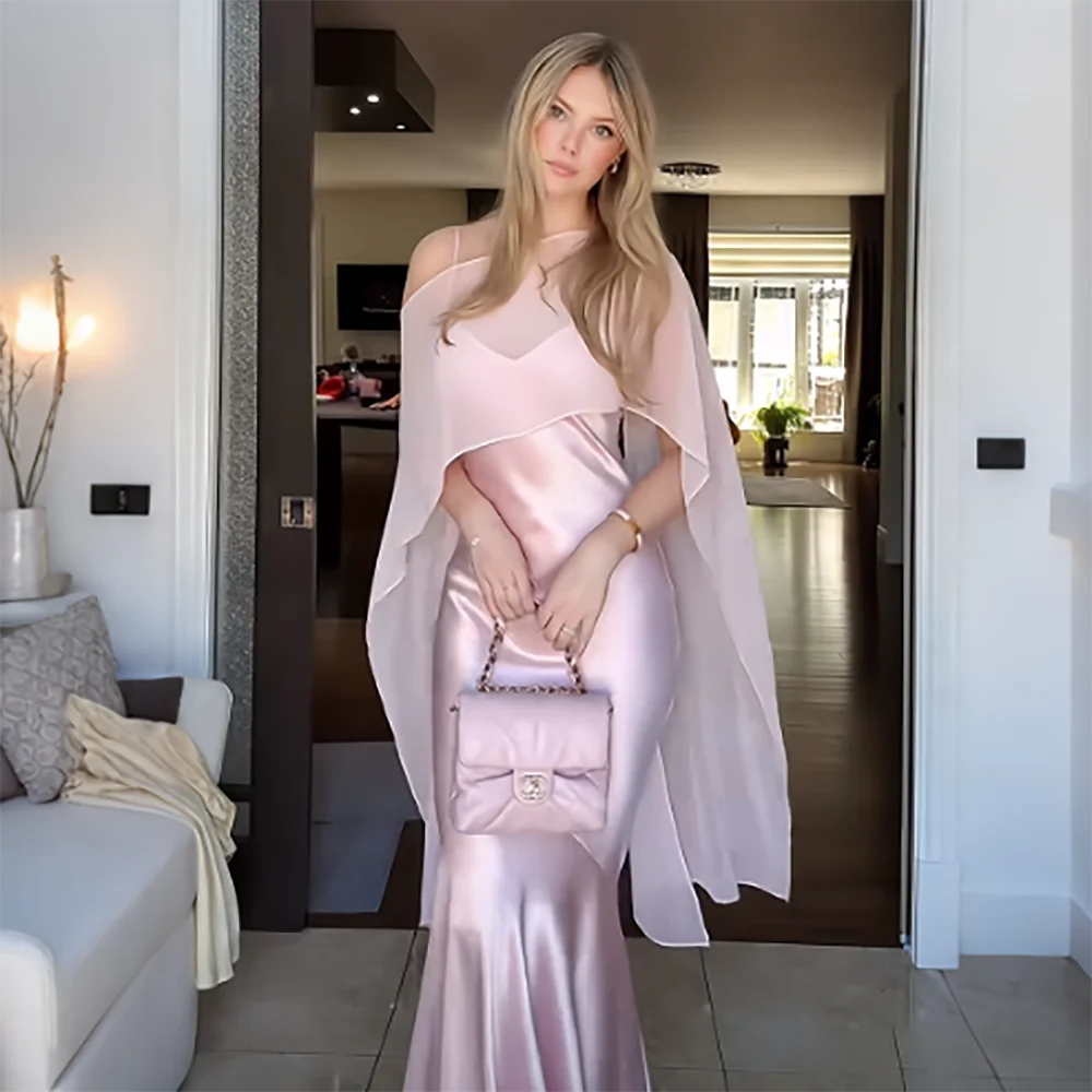 Light Pink Satin Women Mermaid Prom Dress With Chiffon Cape Elegant Spaghetti Strap Sleeveless Formal Evening Party Gown