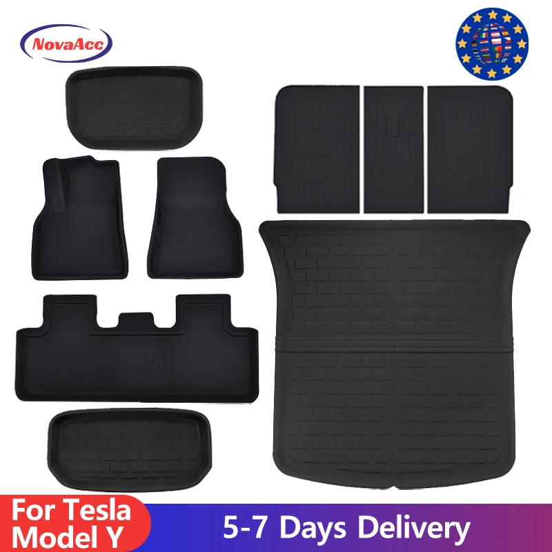 NovaAcc 2024 Floor Mat For Tesla Model Y 2017-2023 All Weather Floor Liners Cargo Liner Trunk Mats Seat Back Protection Pads