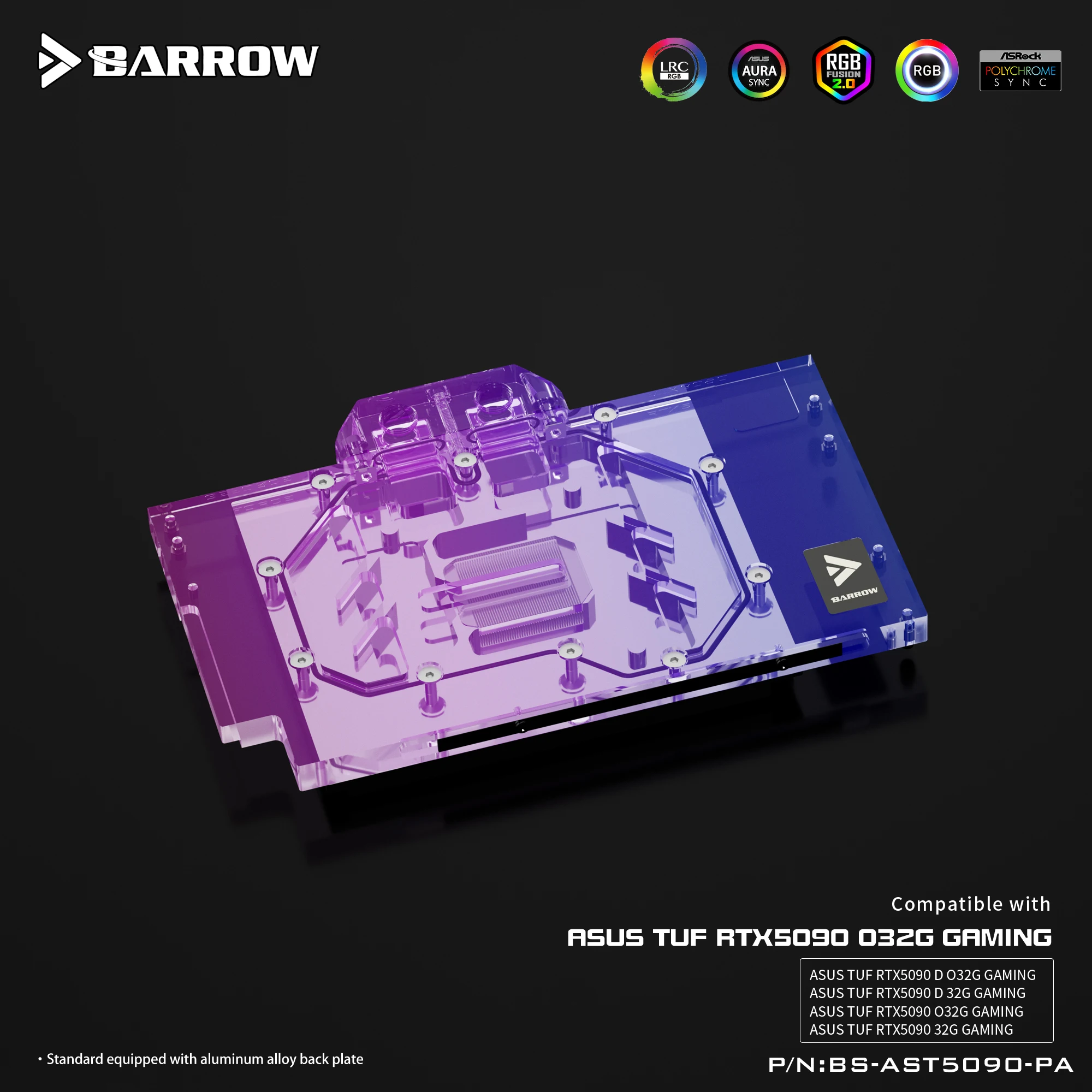 Barrow غطاء كامل GPU كتلة المياه لـ ASUS TUF RTX 5090D مع مبدد حرارة تبريد سائل أكريليك من النيكل RGB LED - BS-AST5090-PA
