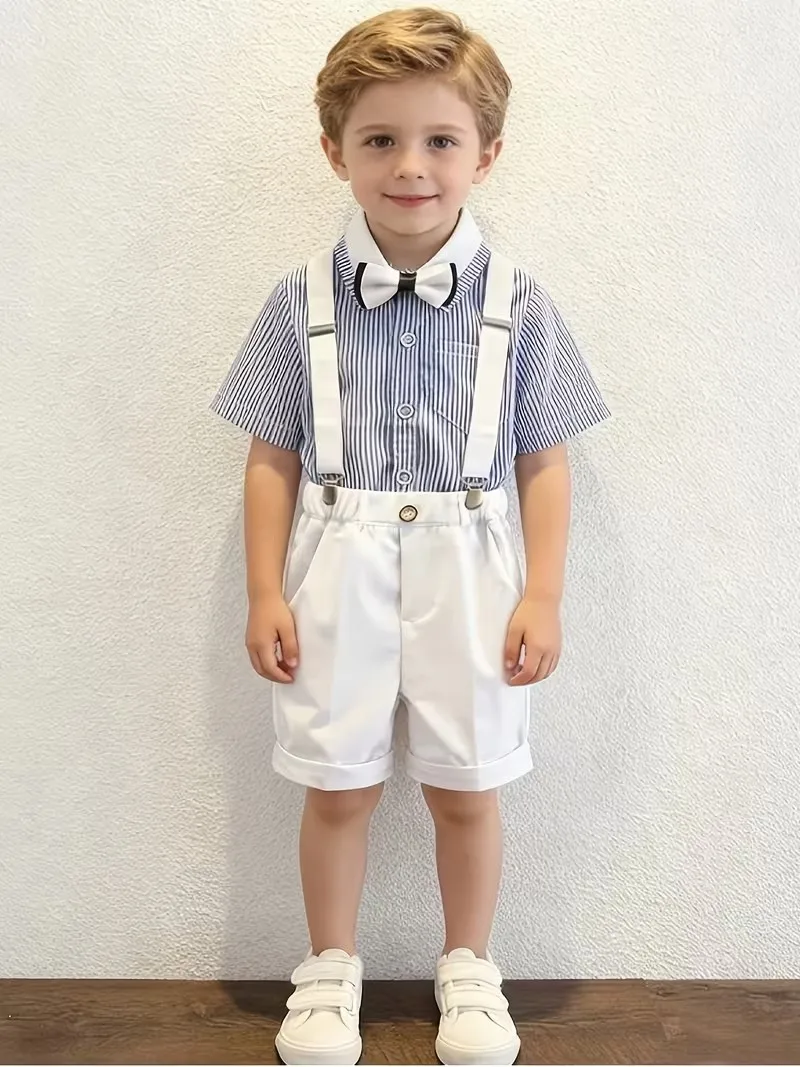 Children Summer 4Pieces Shirt Shorts Strap Bowtie School Unifrom Suit Boys Photography Dress Kids Wedding Birthday Outfit 90-150