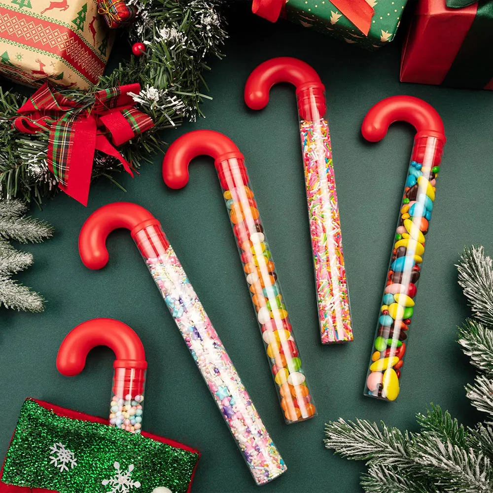 Large Christmas Candy Tubes Plastic Candy Container with Red Topper Red Filled Holiday Stuffer Crutch Shaped for Christmas Party