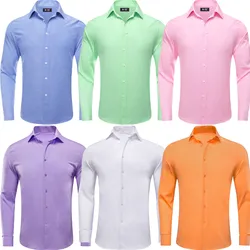 Hi-Tie Silk Solid Mens Shirt Spring Autumn Lapel Long Sleeve Shirt for Male Gift Blue Green Pink Purple White Black Orange Brown