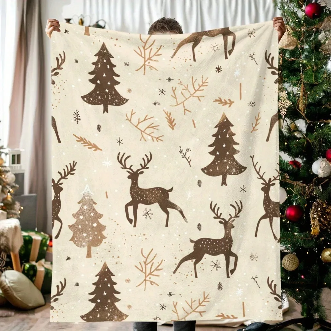 

1pc Reindeer Tree Christmas Blanket Flannel With Festive Reindeer Christmas Trees Snowflakes And Elegant Patterns For Relaxing