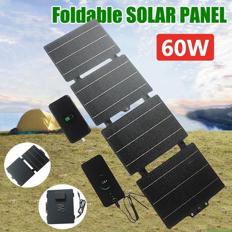 

60W Portable Flexible Solar Panel Charger USB Type-C 12V DC Foldable Solar Panel For Phone Charge Power Bank For Hiking Camping