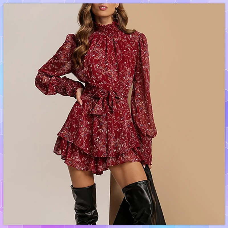 Elegant Floral Women's Dresses Spring Autumn Accept Waist Floral Print Brim Ruffled Mini Dress Ladies Casual Vestidos платье