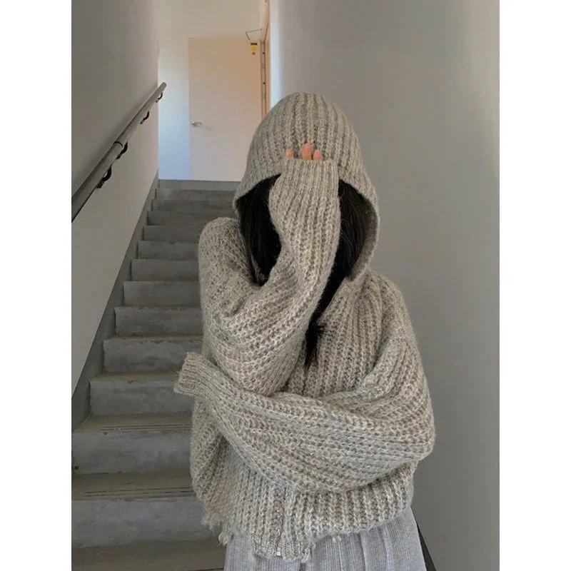 Streetwear Cardigan lavorato a maglia con cappuccio donna Y2K maglione strappato corto maglieria oversize coreana Harajuku Zipper Jumpers Coat Tops