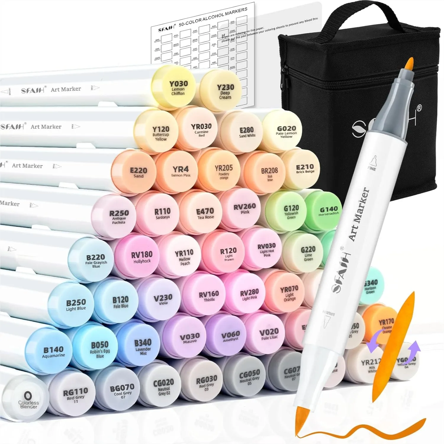 

Pastel Alcohol Markers Brush Tip 51 Colors Dual Tip Art Markers for Adult Coloring Books with Blender and Carrying Case