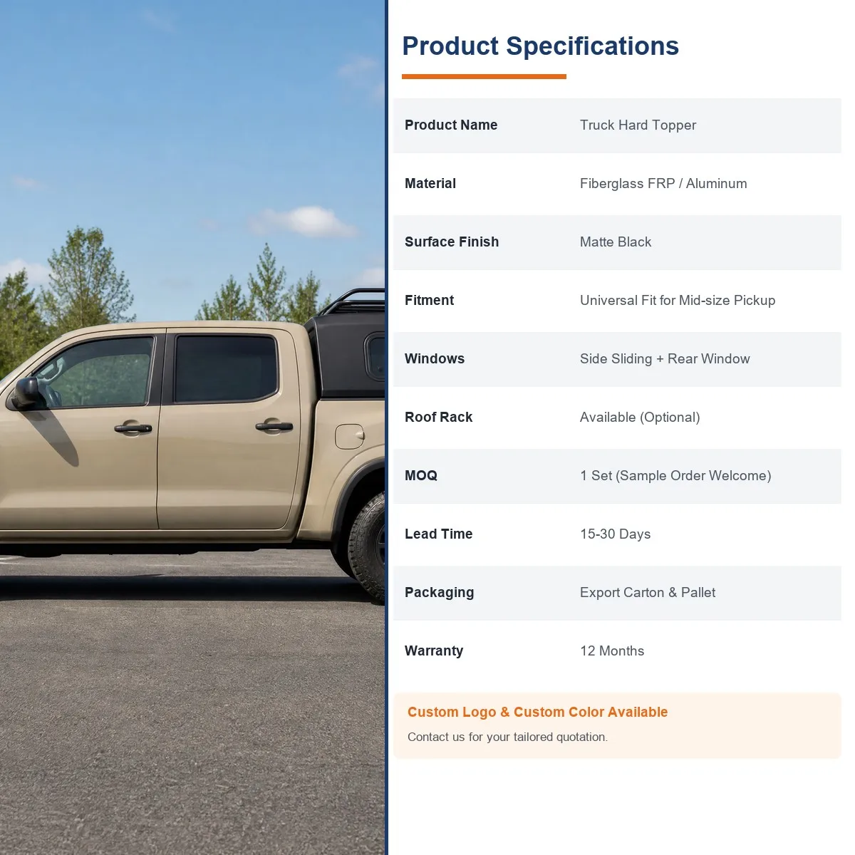 Fiberglass FRP Aluminum Truck Hard per Pickup Bed Canopy with Sliding Side Window Rear Window Roof Rack