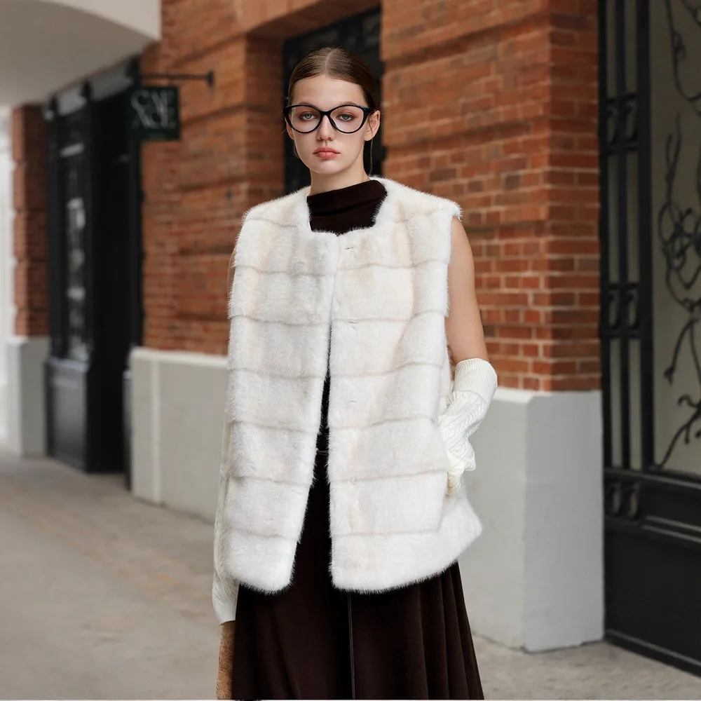 جديد الشتاء النساء فرو منك سترة أنيقة الجولة الرقبة واحدة الصدر الإناث ايكو الفراء سترة منقوشة جيوب سيدة تقليد معطف الفرو #1
