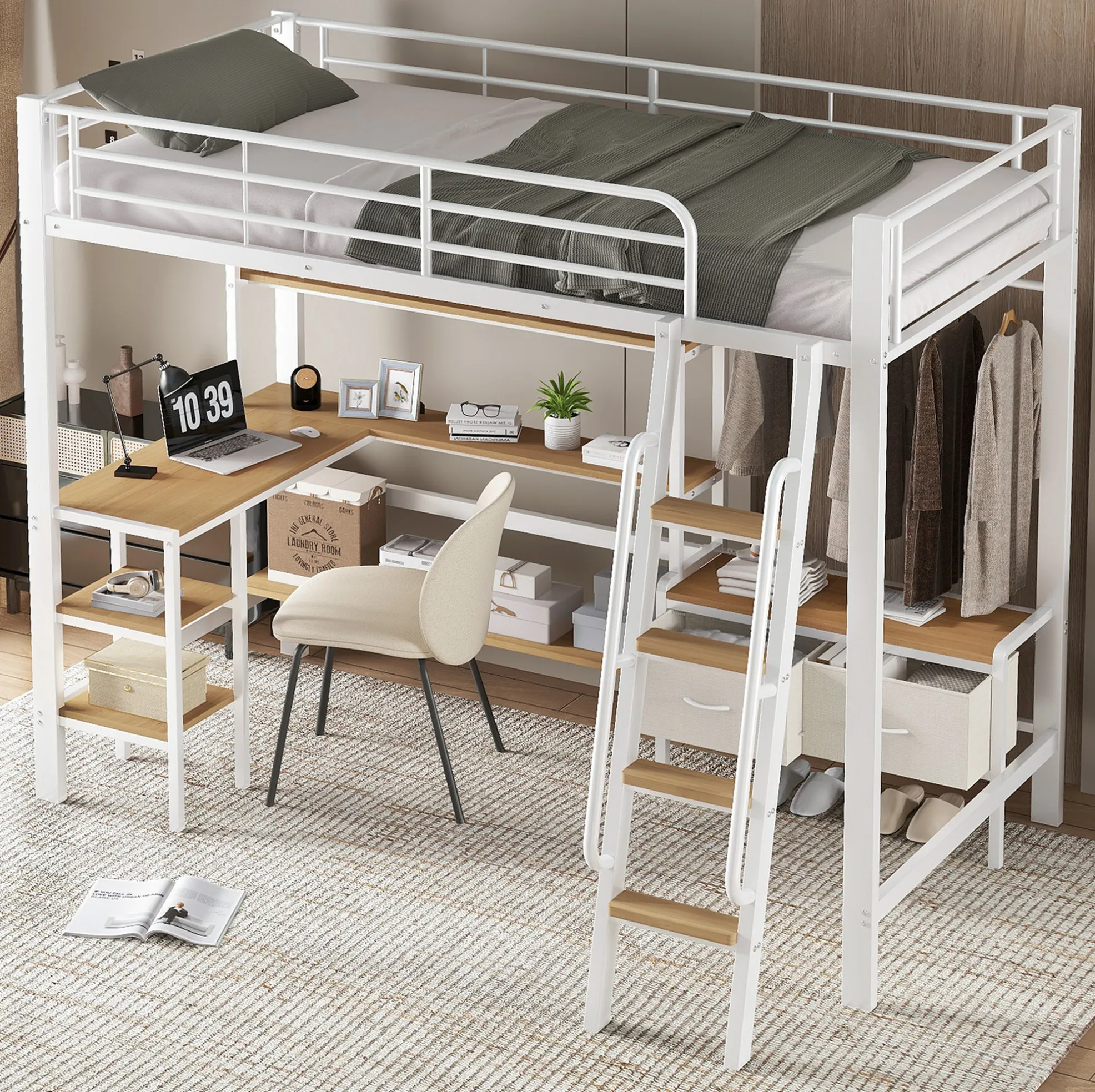 Wit en naturel ijzeren hoogslaper met bureau, opbergplank en twee opbergboxen van stof, 90x200cm