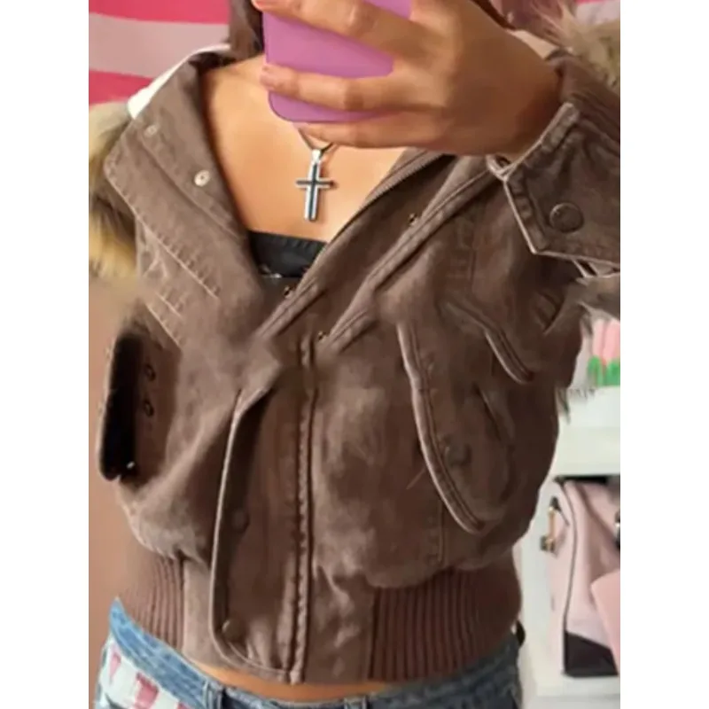 

Fur hooded copper jacket women's zipper warm autumn and winter long sleeved jacket High Street