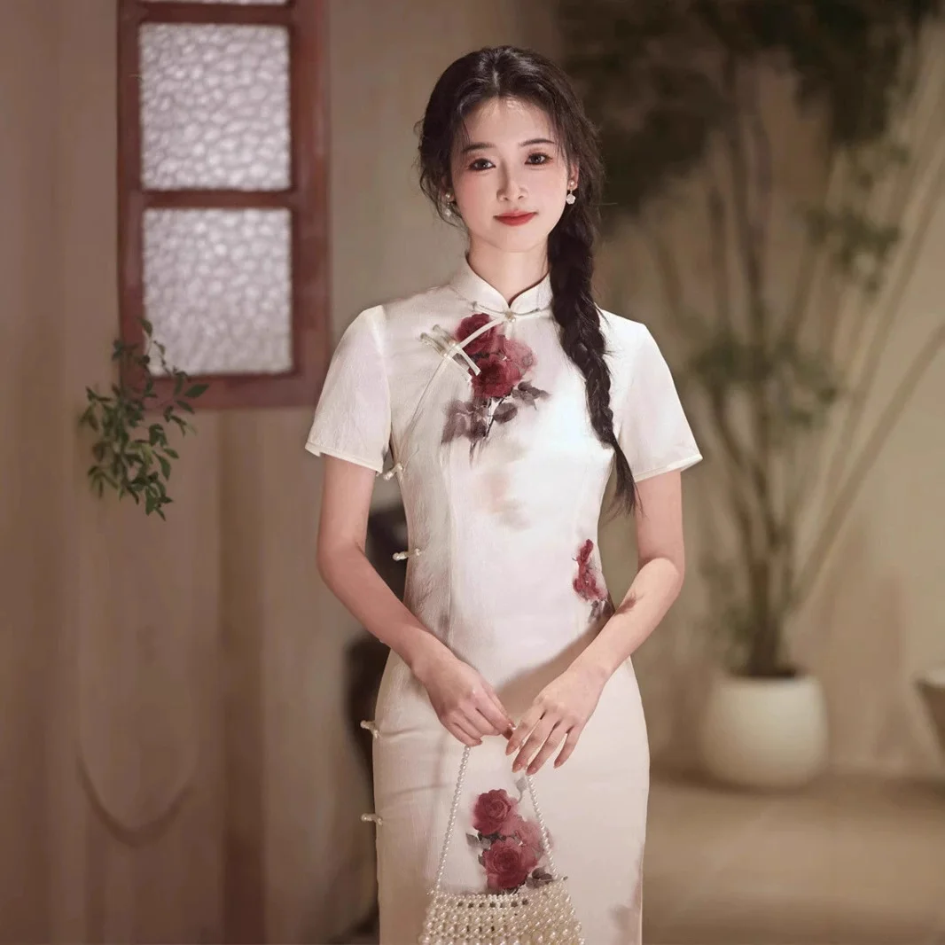 2025 Spring/Summer New Jacquard Printed Rose Long Side Eight Button Cheongsam Chinese Style Flower Style Slimming Qipao